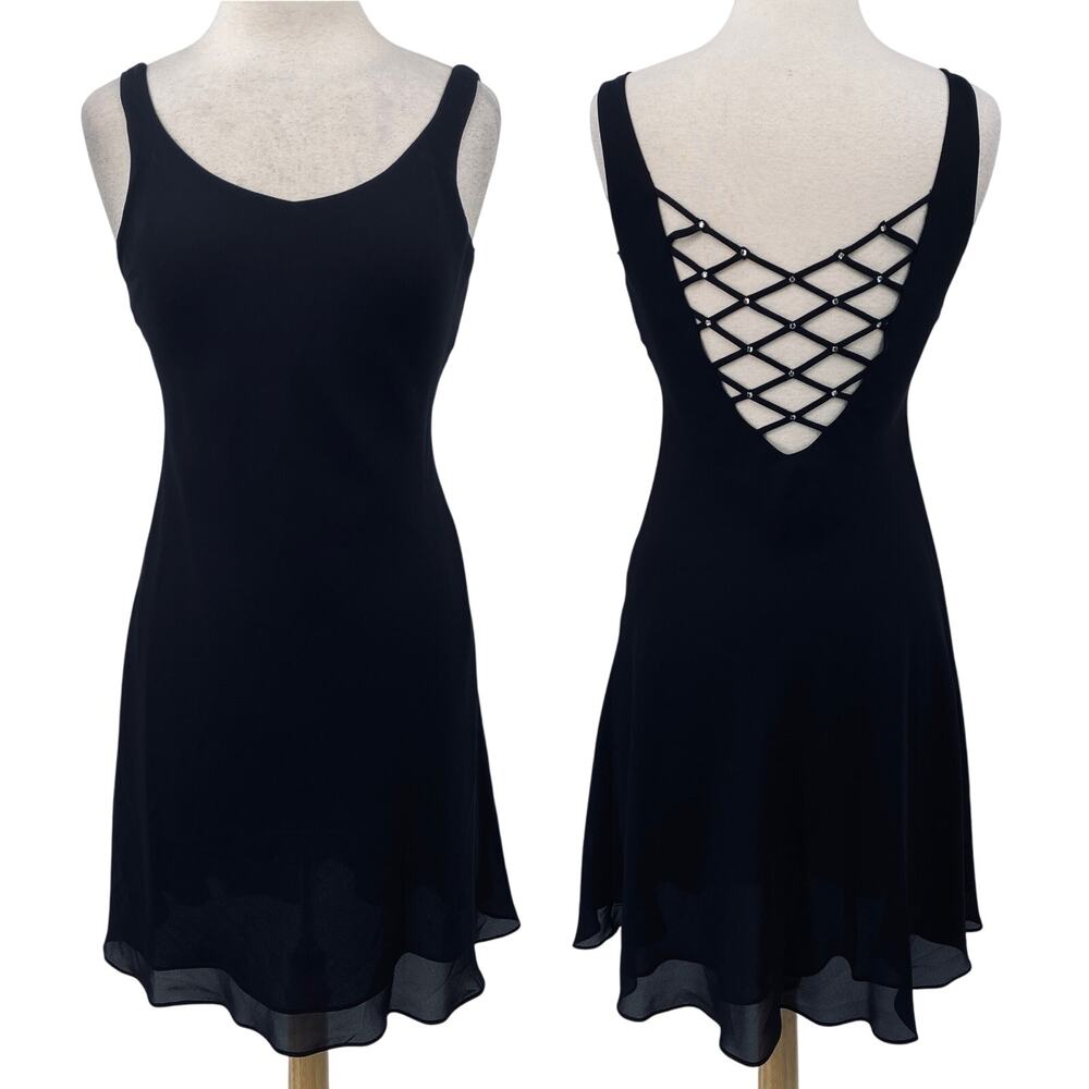 Vintage 90s Chiffon Rhinestone Lattice Back Fit & Flare Mini Dress Black Small